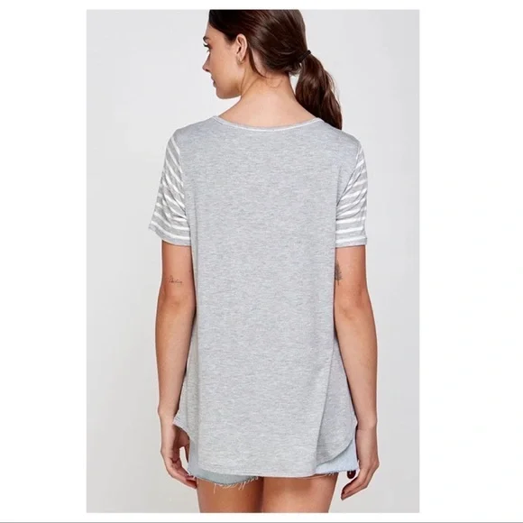 New Heather Gray Short Sleeve Top,Keyhole Front With Striped Contrast Sleeves - Picture 4 of 7